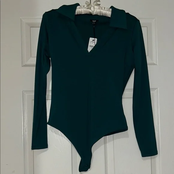 Express Deep Teal Green V-Neck Bodysuit - Picture 2 of 5